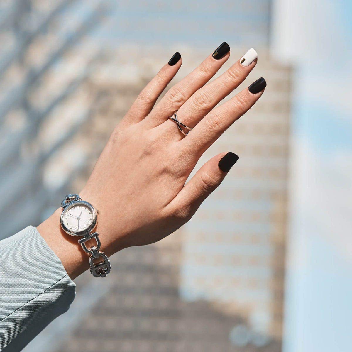 imPRESS Press-On Nails - Midnight Drive Black & White Squoval Shape | 30 Nails, Prep Pad & Manicure Kit