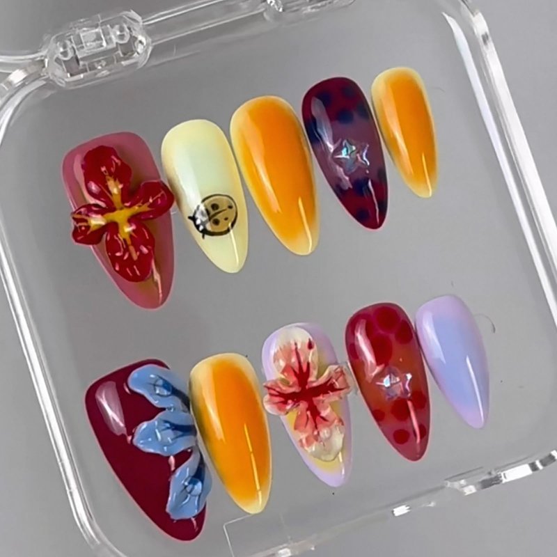 Luxury Press on Nails Medium Almond Handmade 3D Unique Reusable ABS Material Fake Nails Tropical False Nails with Designs Flower Ladybug Stars Art Petal Glossy Glue on Nails Thick Acrylic Nails(S)