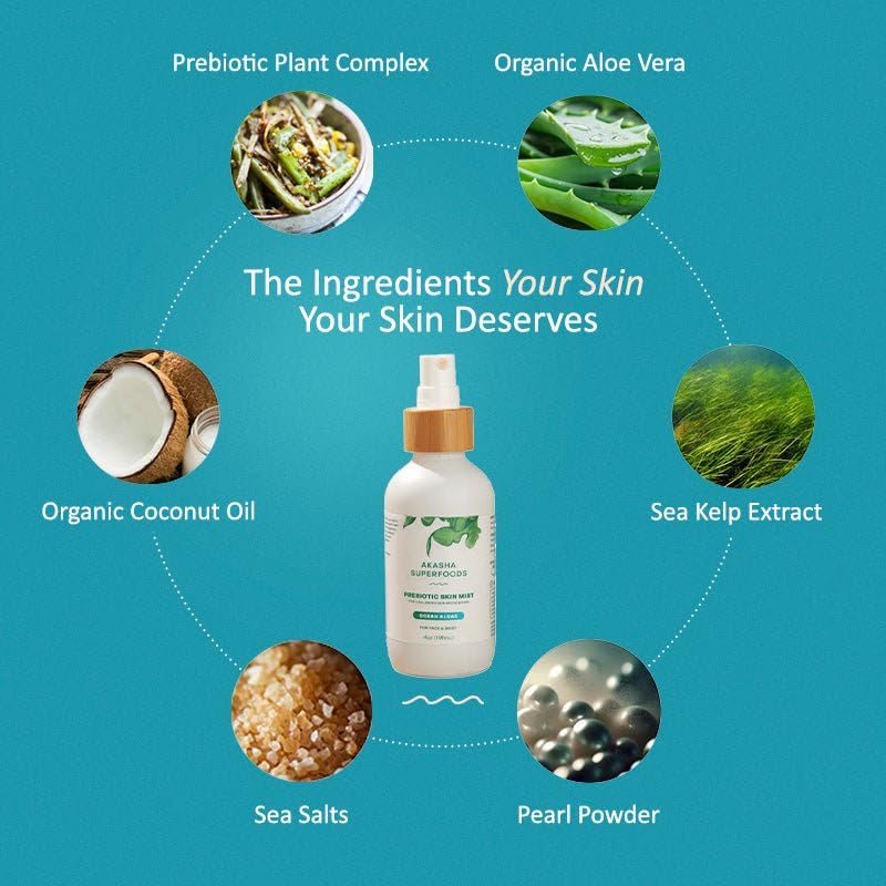 Akasha Prebiotic Skin Mist - Organic Facial Spray with Sea Kelp Extract | 3.4oz for Acne, Psoriasis & Sunburn Relief