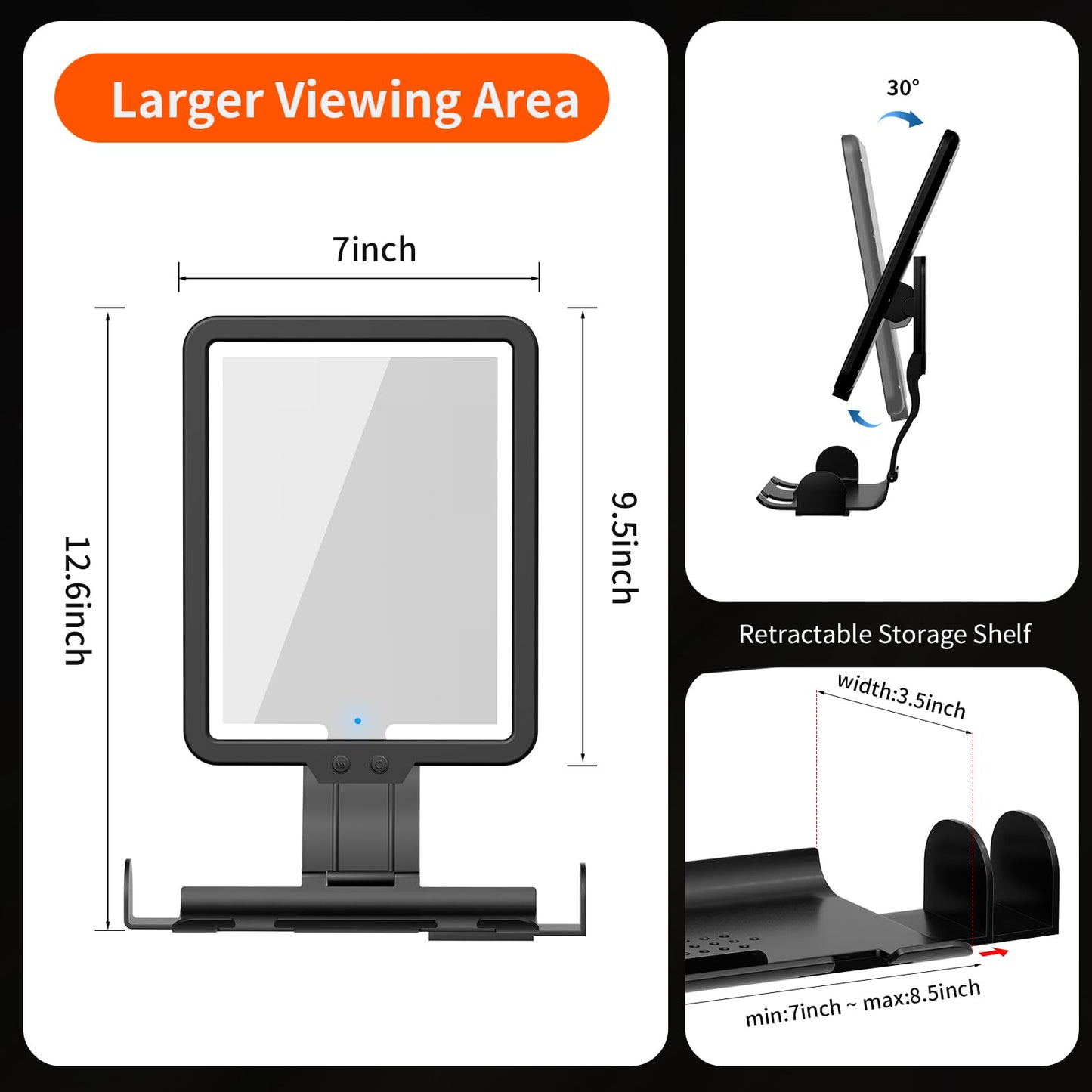 Suupvaor Heated Shower Mirror Fogless for Shaving, Fog Free Large 9.5 * 7inch Shower Shaving Mirror with Light, Rechargeable Anti-Fog Shower Mirror with Storage Tray & Razor Holders