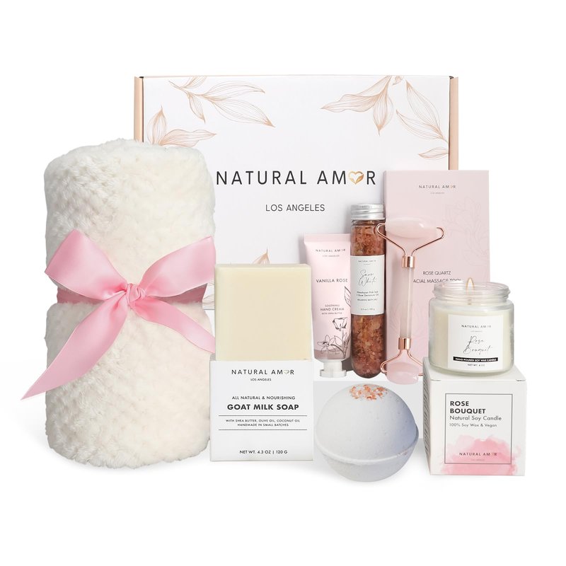 Natural Amor Spa Gifts for Women,Luxurious Rose Scent Bath gift for her, 6pc Bath & Body gift including Soap Bar, Bath Bomb, Bath Salt