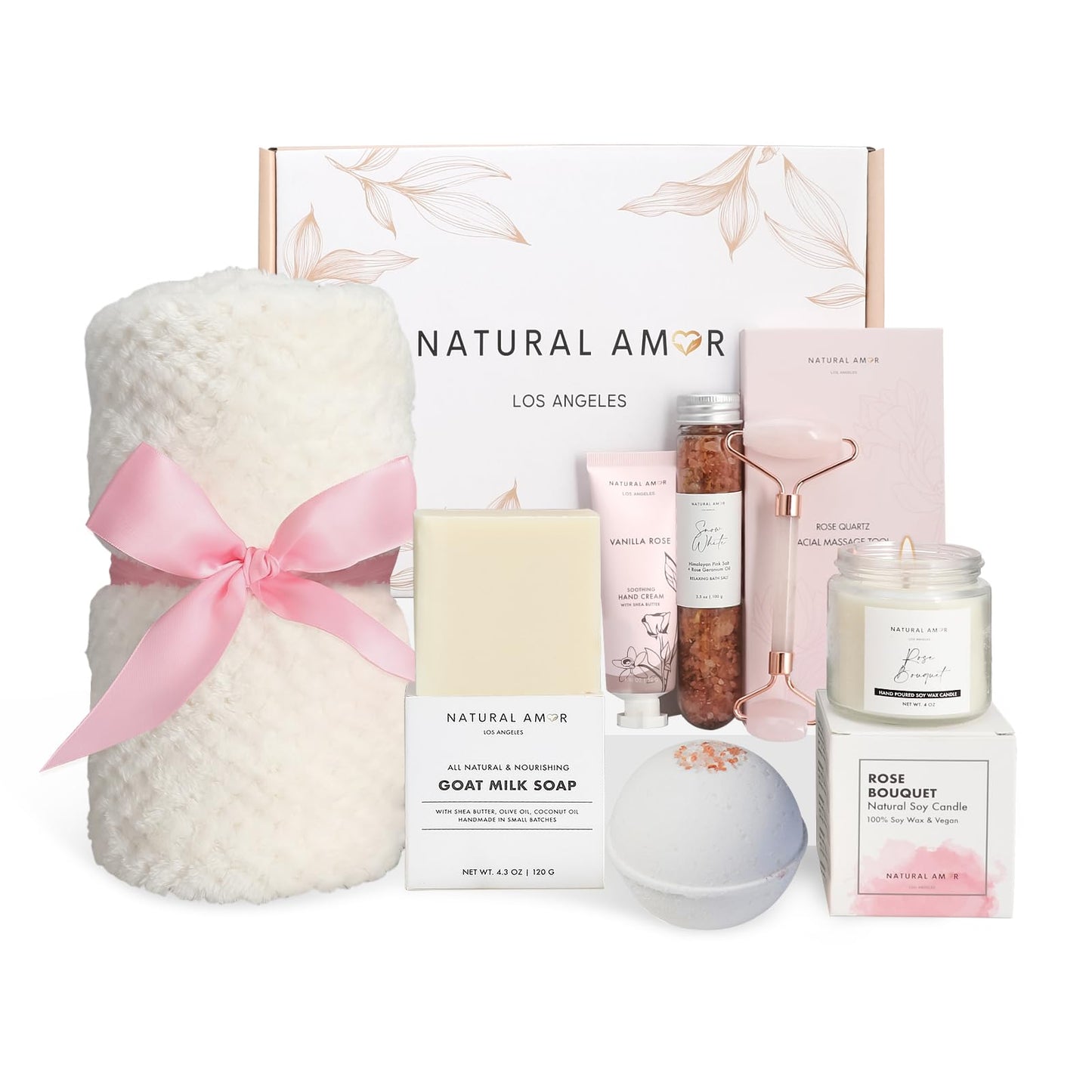 Natural Amor Spa Gifts for Women,Luxurious Rose Scent Bath gift for her, 6pc Bath & Body gift including Soap Bar, Bath Bomb, Bath Salt