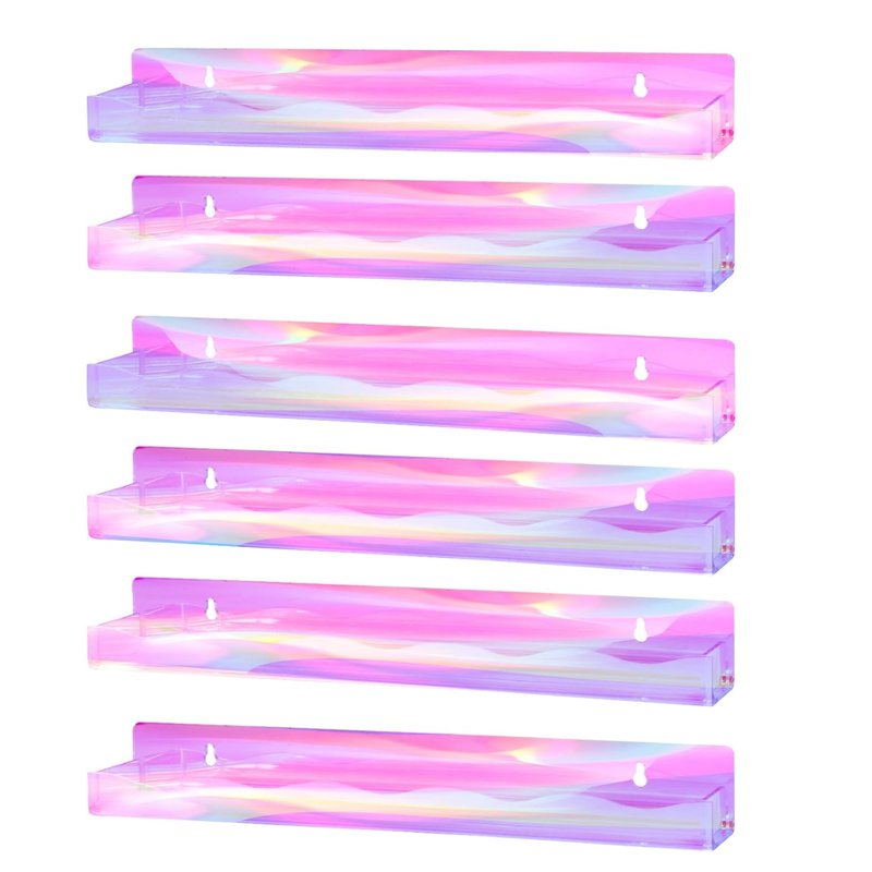 Iridescent Nail Polish Organizer - 6 Pack Acrylic Wall Rack for Makeup, Tattoo Ink & Essential Oils | 15" Rainbow Floating Shelves