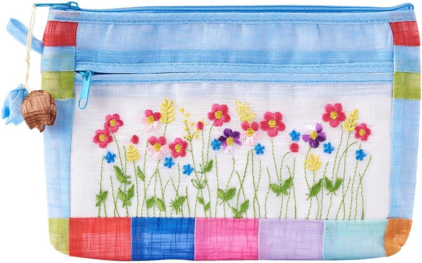 Korean Traditional Patchwork Pouch - Hand-Embroidered Floral Design | Light Blue Zippered Bag