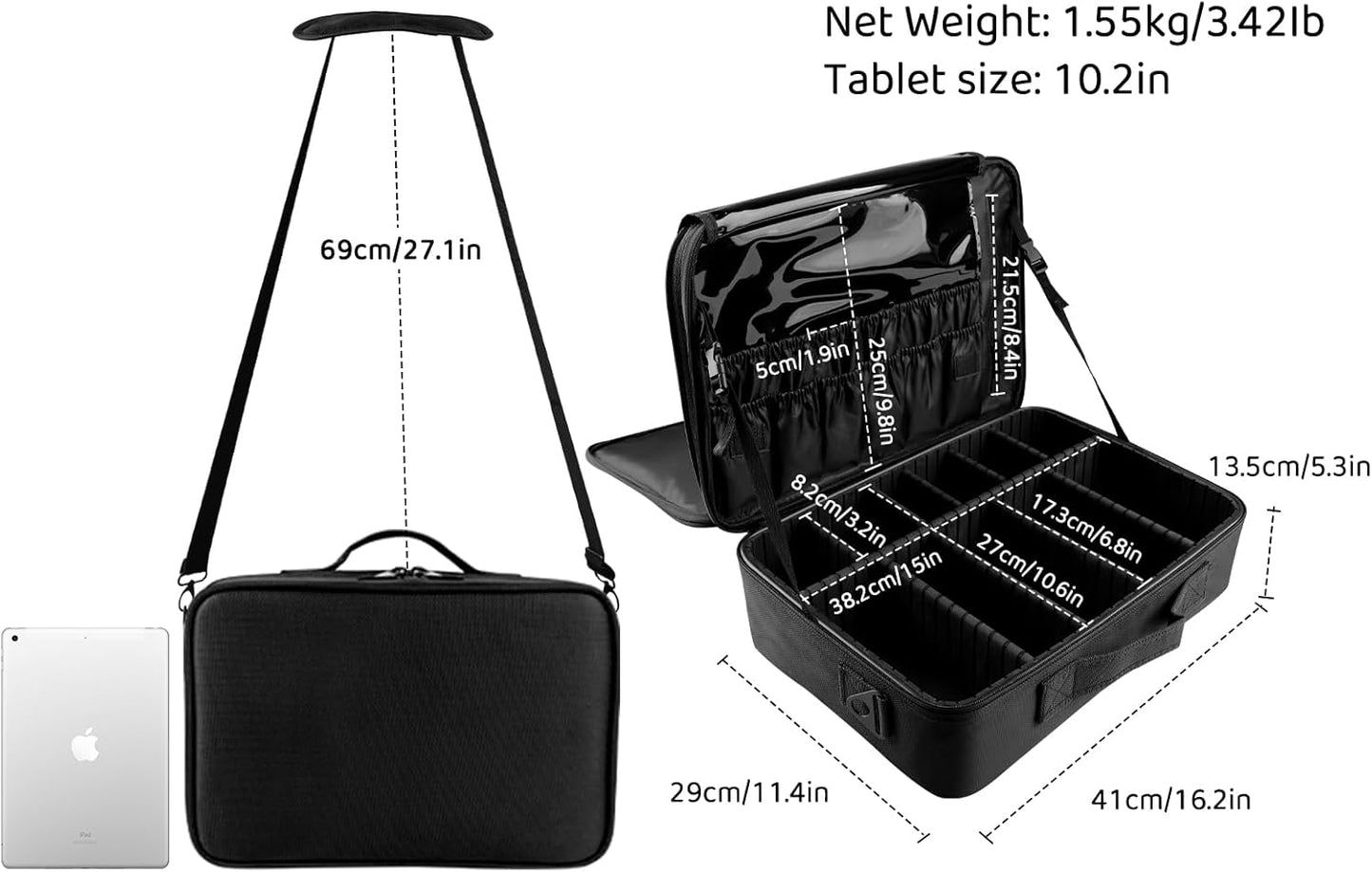 Travel Makeup Train Case - Large Capacity Cosmetic Bag Organizer for Women | Adjustable Dividers & Shoulder Strap - Black, Large