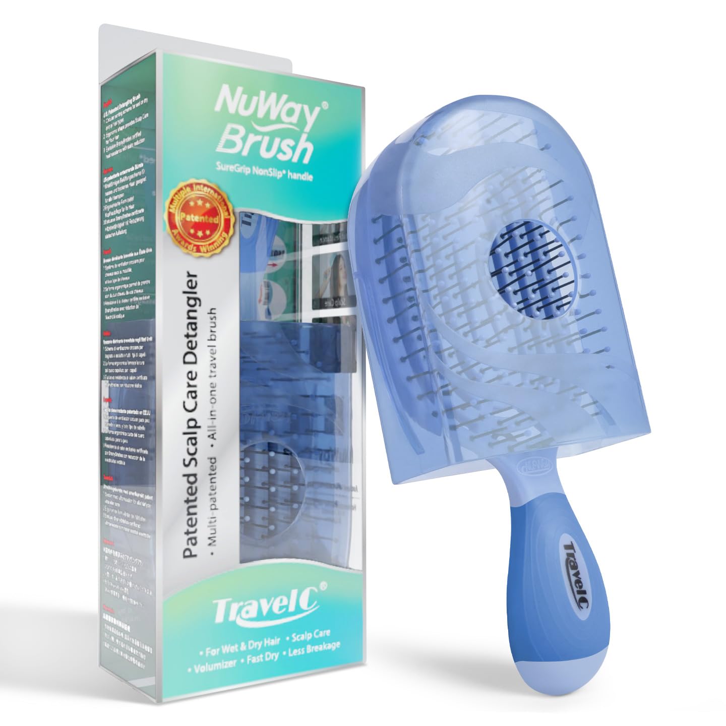 NuWay TravelC Detangling Hair Brush Set (2 Brushes) – Mix-n-Match Travel Case Colors, Patented Curved Vented Design with Protective Case for Wet or Dry Hair