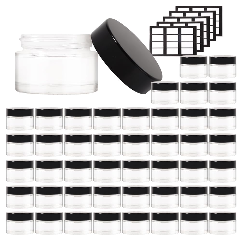 Stellacare 46 pack 1oz Glass Jars with Lids Round Empty Cosmetic Containers, Leak Proof Small Travel Containers Refillable Glass Jars for Face Creams, Lotions,Salves Ointments,Potravel Storage
