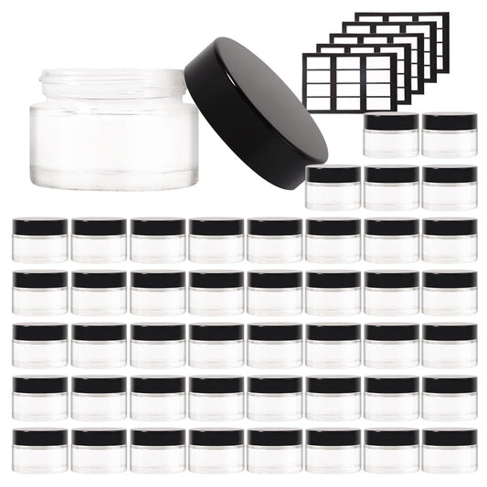 Stellacare 46 pack 1oz Glass Jars with Lids Round Empty Cosmetic Containers, Leak Proof Small Travel Containers Refillable Glass Jars for Face Creams, Lotions,Salves Ointments,Potravel Storage