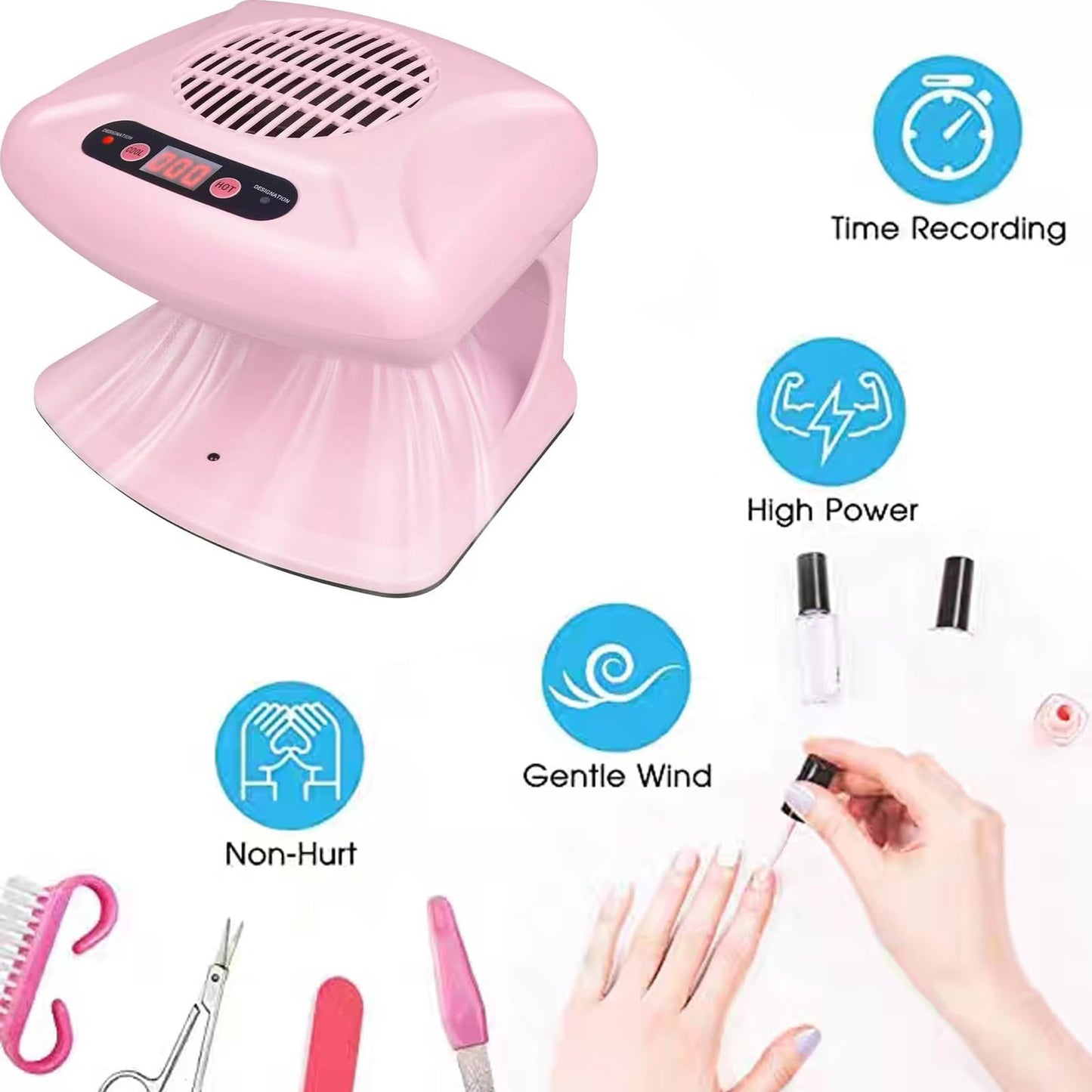 GGAIFbp Nail Dryer for Regular Polish 300W 2 in 1 Nail Drying Fan with Auto Sensor Hot and Cold Air Professional Nail Dryer for Manicure Salon and Daily Home Use (Pink)
