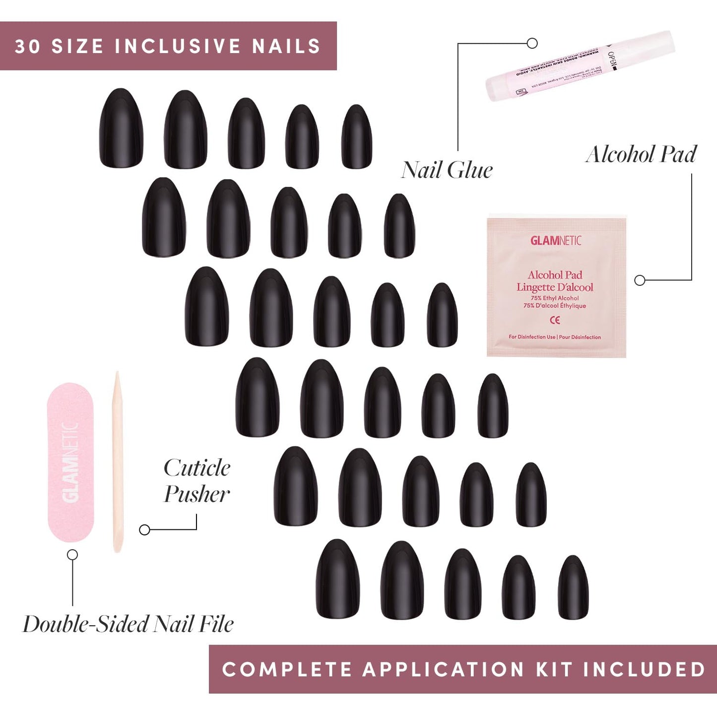 Glamnetic Press-On Nails - Boba | Super Strong Brush On Nail Glue & Nail Adhesive Tabs | Opaque Black Short Almond Nails, Reusable | 12 Sizes - 24 Nail Kit