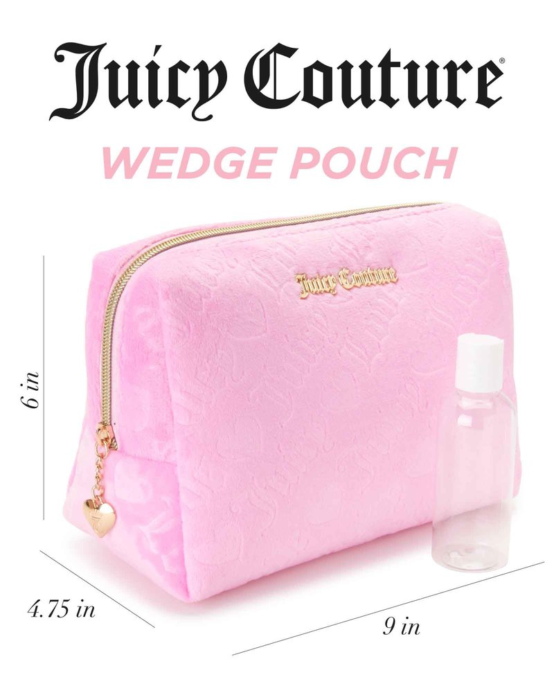 Juicy Couture Pink Makeup Bag Cosmetics Organizer Travel Essentials Zip Top Wedge Velour Heart
