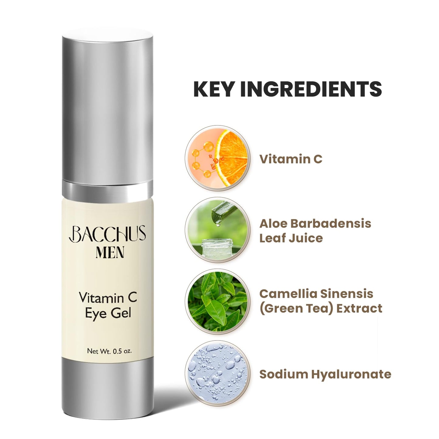 Bacchus Men Vitamin C Eye Gel, Reduce Dark Circles, Spots and Eye Puffiness - Anti Aging Treatment Nourishes, Revitalizes, Soothes, and Refreshes the Look of Your Eye Area | Made in USA | 0.5 oz