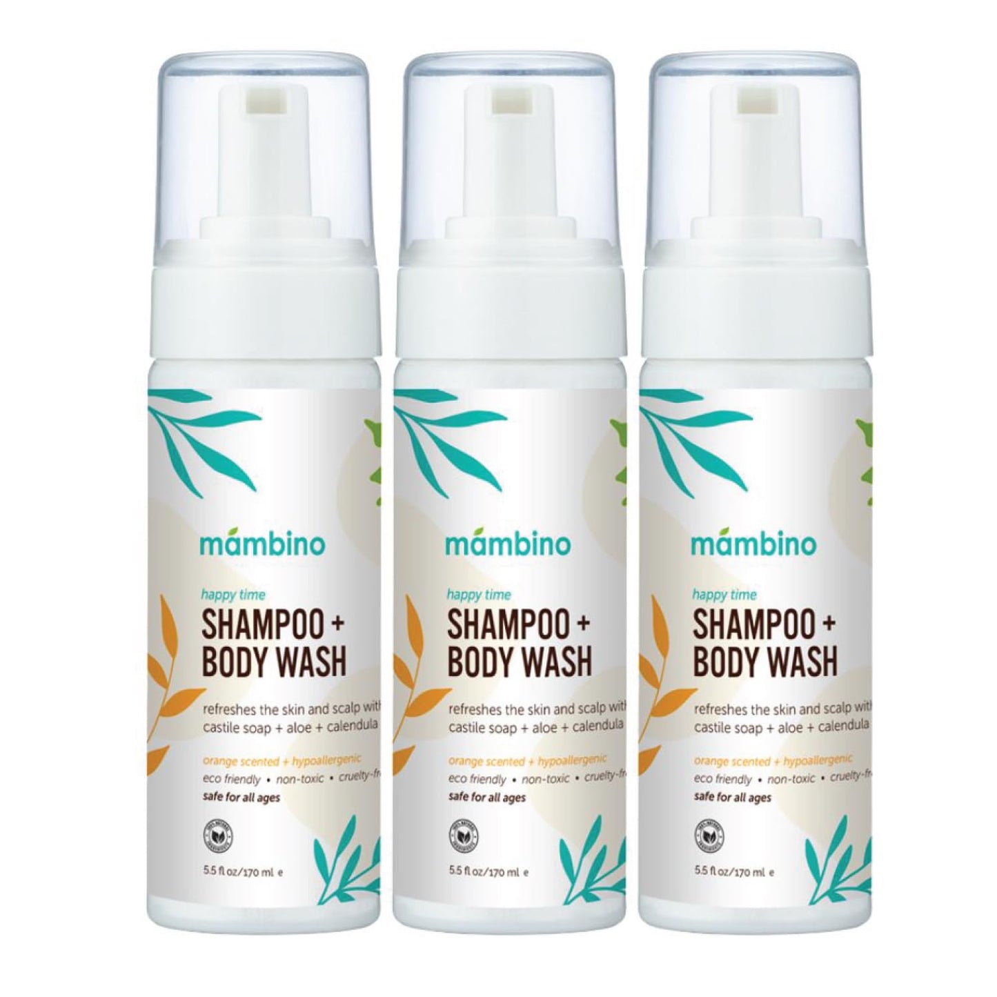Mambino Organics Happy Time Shampoo & Body Wash for Kids, Plant-Based Body Wash, Calendula & Orange, 5.5floz, 3-Pack