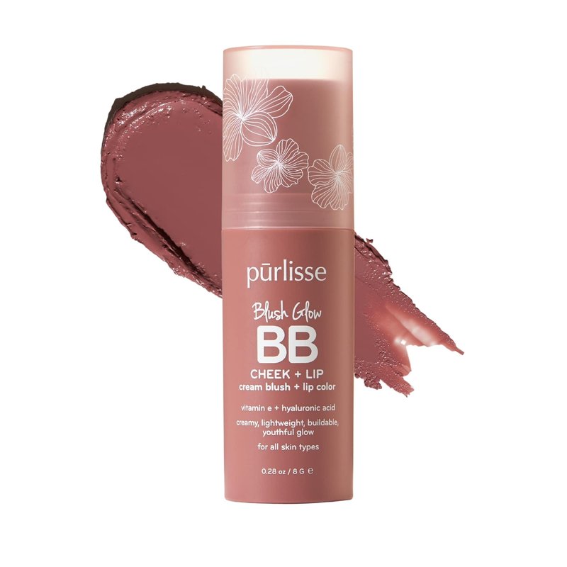 pūrlisse Blush Glow BB Lip and Cheek Tint - Hydrating & Buildable 2-in-1 Cream Blush Stick for Cheeks & Lips - Formulated with Nourishing Vitamin E & Hyaluronic Acid - Moving Mauve (.28 oz)
