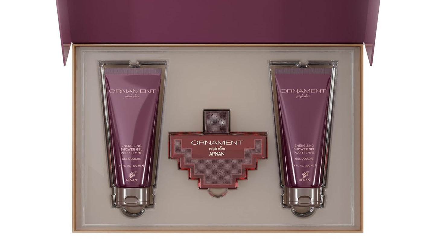 Afnan Ornament Purple Allure Perfume Gift Set for Women – Eau De Parfum + Body Lotion + Shower Gel
