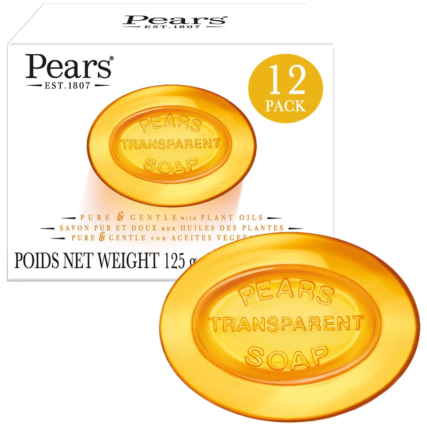Pears Soap, Pure & Gentle with Natural Oils, 12-Pack – Transparent Amber Glycerin Soap for Pampered, Glowing Skin, 4.4 Oz Ea
