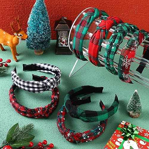 Yilloog 12 Pcs Christmas Knotted Retro Hair Band Snowflake Buffalo Plaid Headband Green Red for Women Wide Accessories Holiday Hoop Hairband for Yoga Run Work