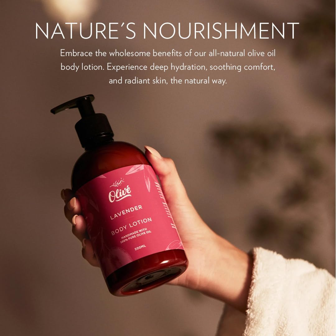 Olivé 100% Pure Olive Oil Body Lotion with Lavender Scent – Made with Natural Ingredients | Gentle Hydration & Nourishing Care for Soft, Smooth, Healthy-Looking Skin | 500ml Pump Bottle
