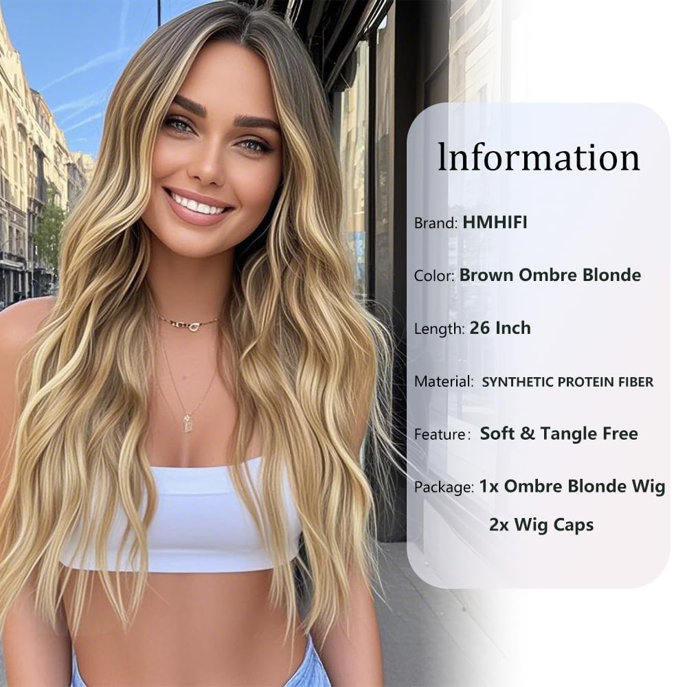 HMHIFI Long Ombre Blonde Highlights Wig for Women 26 inch 4x1 Lace Hairline Wigs Upgraded Protein Fiber Natural Looking Hair Replacement Wig Cosplay Costume Halloween Wig