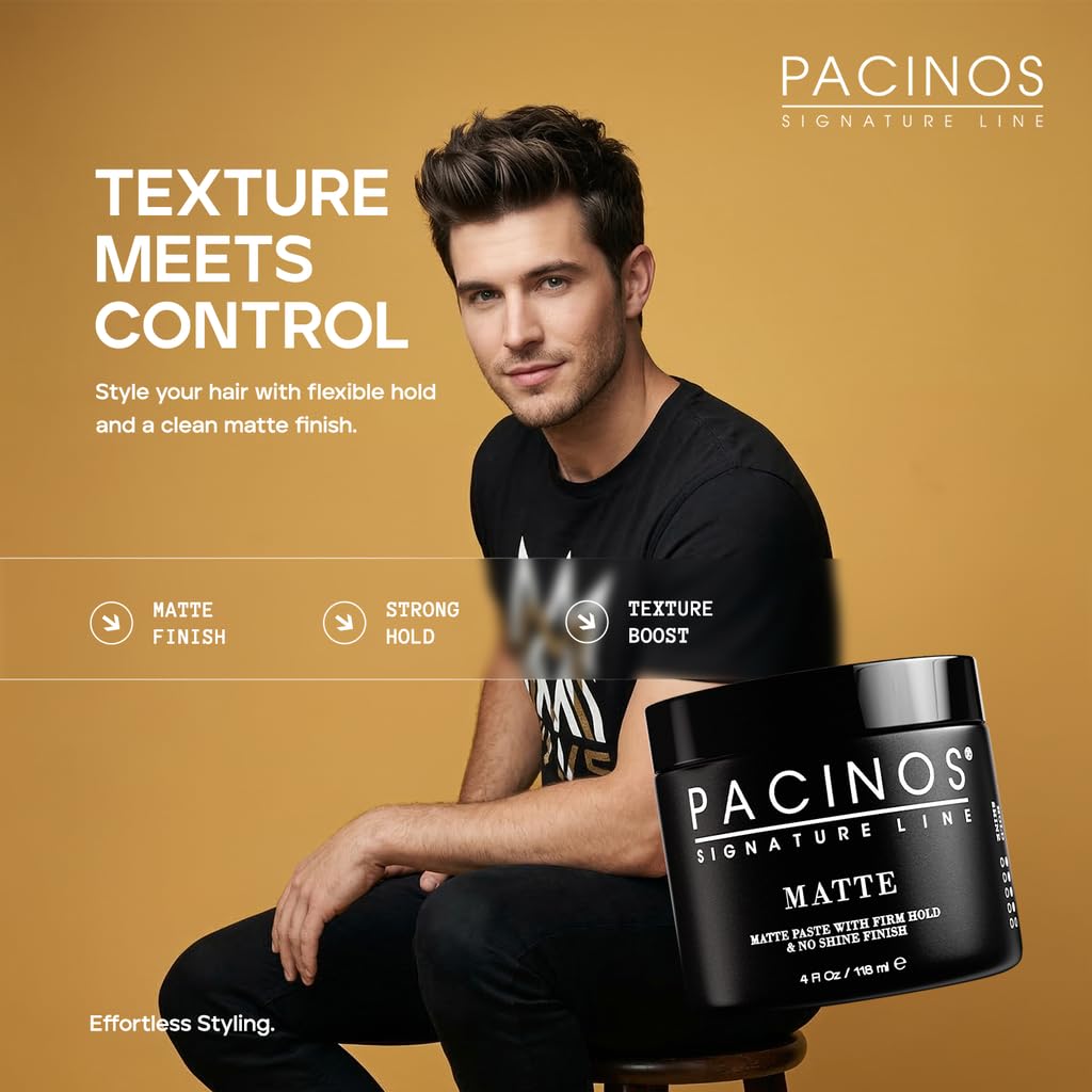 Pacinos Matte Hair Paste - Firm Hold, No Shine, Sculpting & Styling Wax, Long Lasting Definition & Texture, No Flakes, All Hair Types, 4 fl. oz.