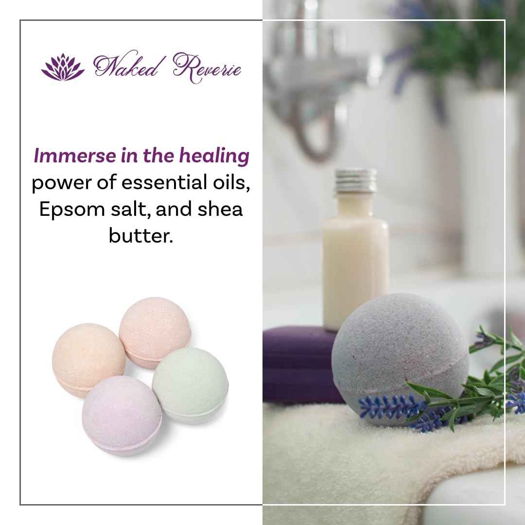 Bath Bomb Gift Set for Women: USA Made All-Natural, Organic Essential Oils, Epsom Salt, and Shea Butter: 4 Extra Large (8 oz) Bath Bombs for Longer Fizz: Safe for Sensitive Skin by Naked Reverie