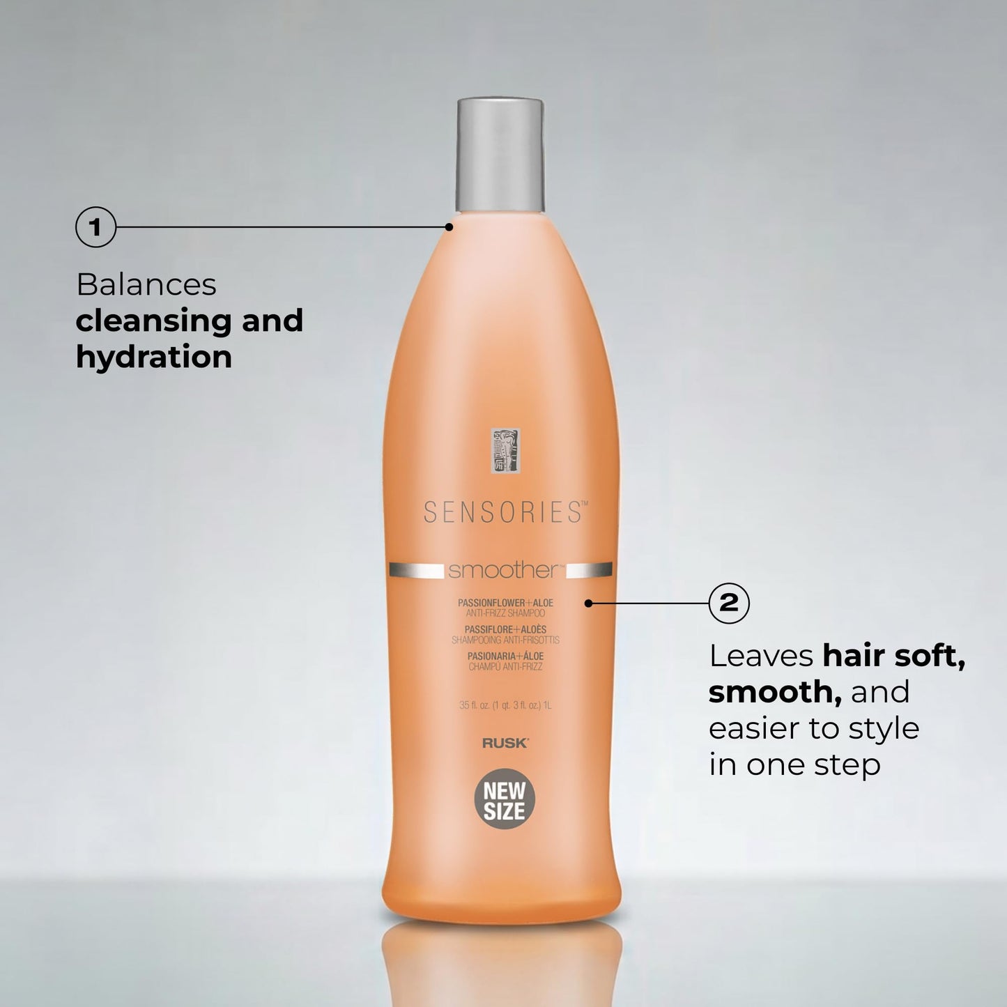 RUSK Sensories Smoother Passionflower and Aloe Smoothing Shampoo, Anti-Frizz Formula With Aloe Helps Smooth and Emollients Restore Moisture Balance, 35 fl. oz