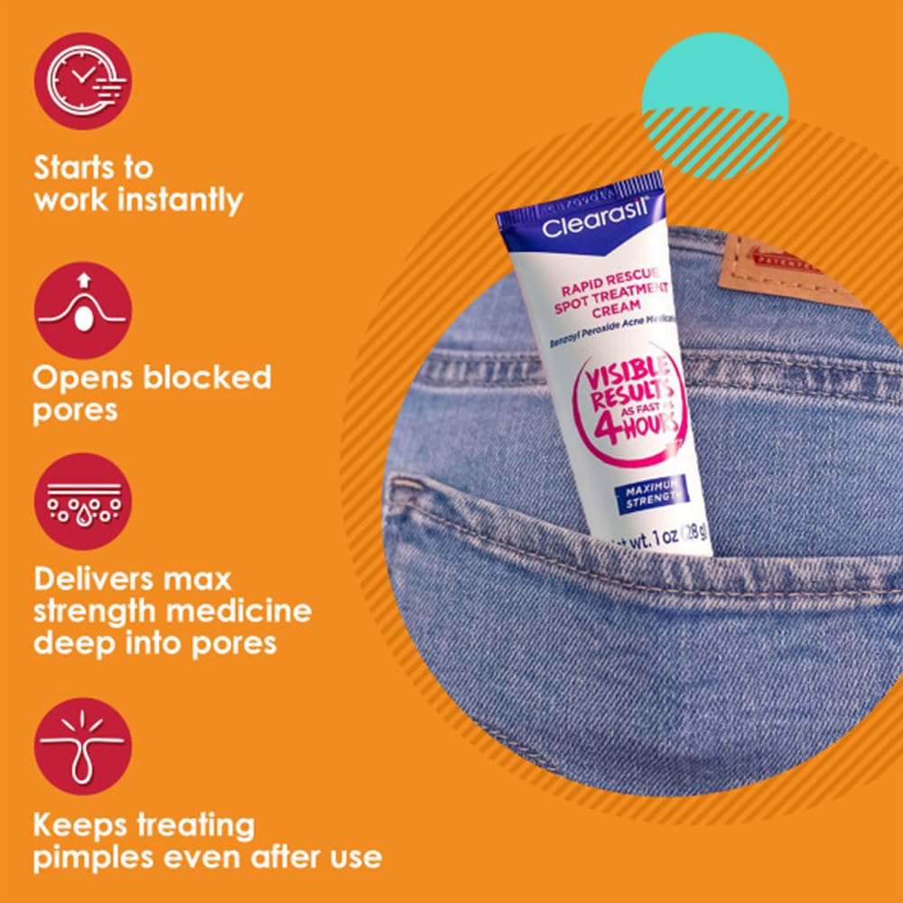 Clearasil, Cream Rapid Rescue Spot Cream with Benzoyl Peroxide Medication for Relief in as fast as 4 hours, Vanishing Acne Treatment, 1 Ounce