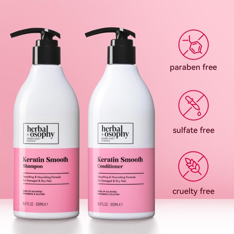 Herbalosophy Keratin Shampoo & Conditioner Set, Nourishing & Moisturizing Formula for Damaged & Dry Hair, Highly Hydrate & Repair for Color Treated Hair, Sulfate,Parabens & Gluten Free, 2 x 16.9 Fl Oz