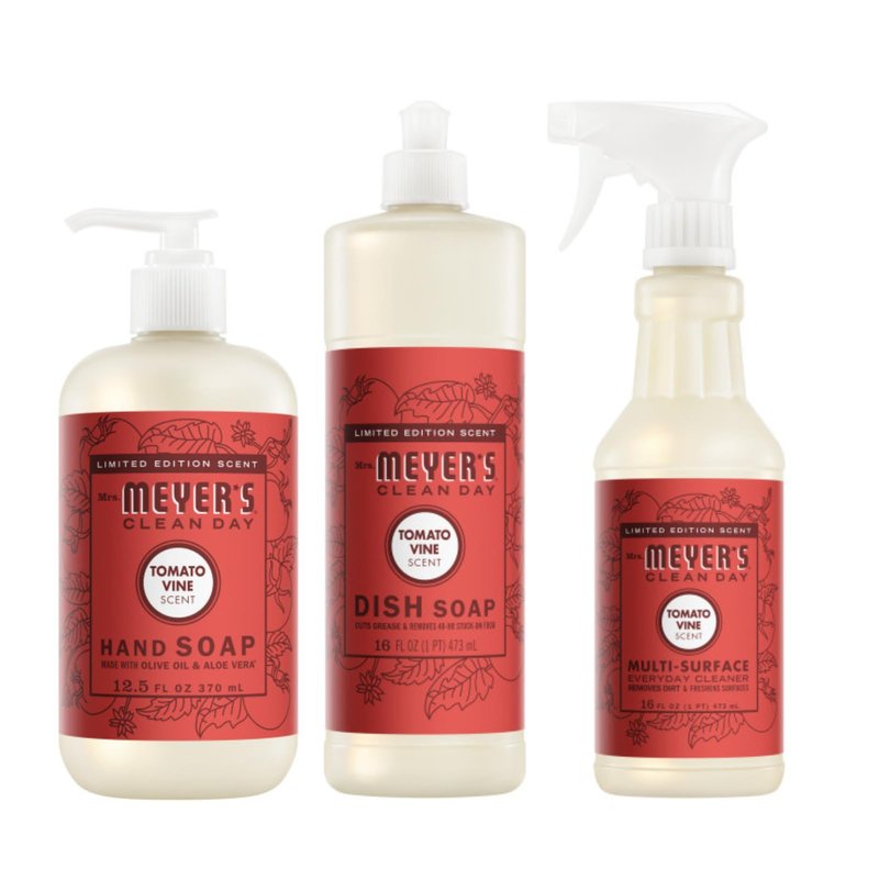 Mrs. MEYER'S CLEAN DAY Tomato Vine 3 Pack Variety, Liquid Hand Soap 12.5 OZ, Liquid Dish Soap 16 OZ, Multi-Surface Cleaner 16 OZ, 1 CT