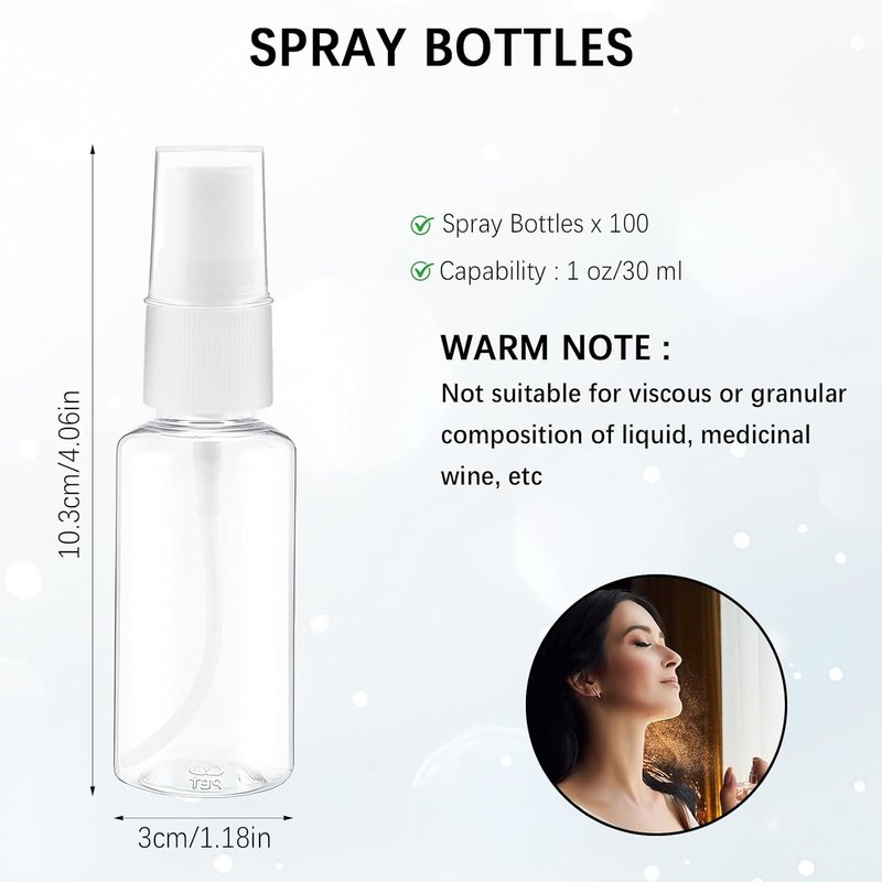 Mini Spray Bottles - 100 Pcs 1 oz Clear Fine Mist Plastic Bottles with Funnels | Ideal for Essential Oils & Travel Perfumes