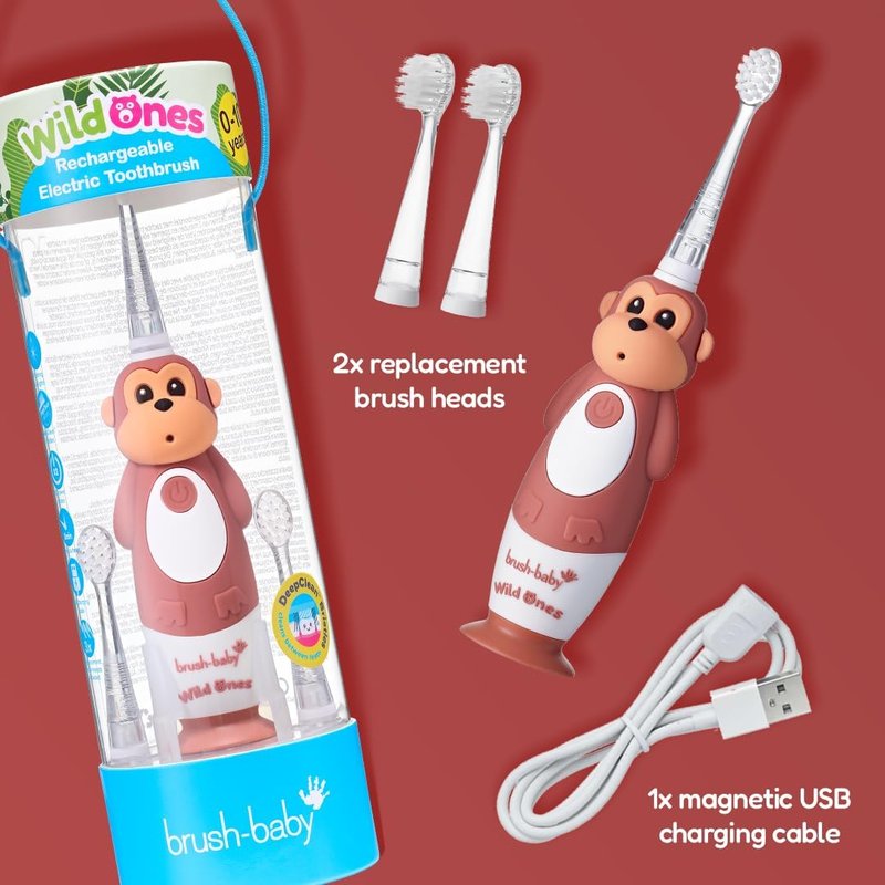 BrushBaby Kids Electric Toothbrush - Rechargeable Monkey Design with Flashing Lights | Deep Clean Bristles, Ages 0-10, 2 Heads