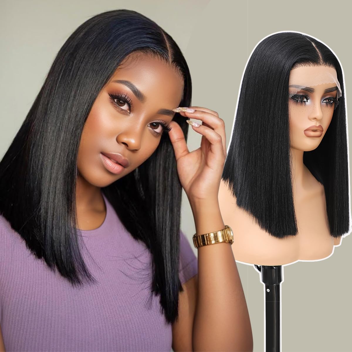 TENACOO Chocolate Brown Short Straight Bob Wig for Women T Part Synthetic Lace Front Bob Glueless Wig Middle Center Part Shoulder Length Bob Lace Wigs for Daily Party Christmas (Brown-14 Inches)