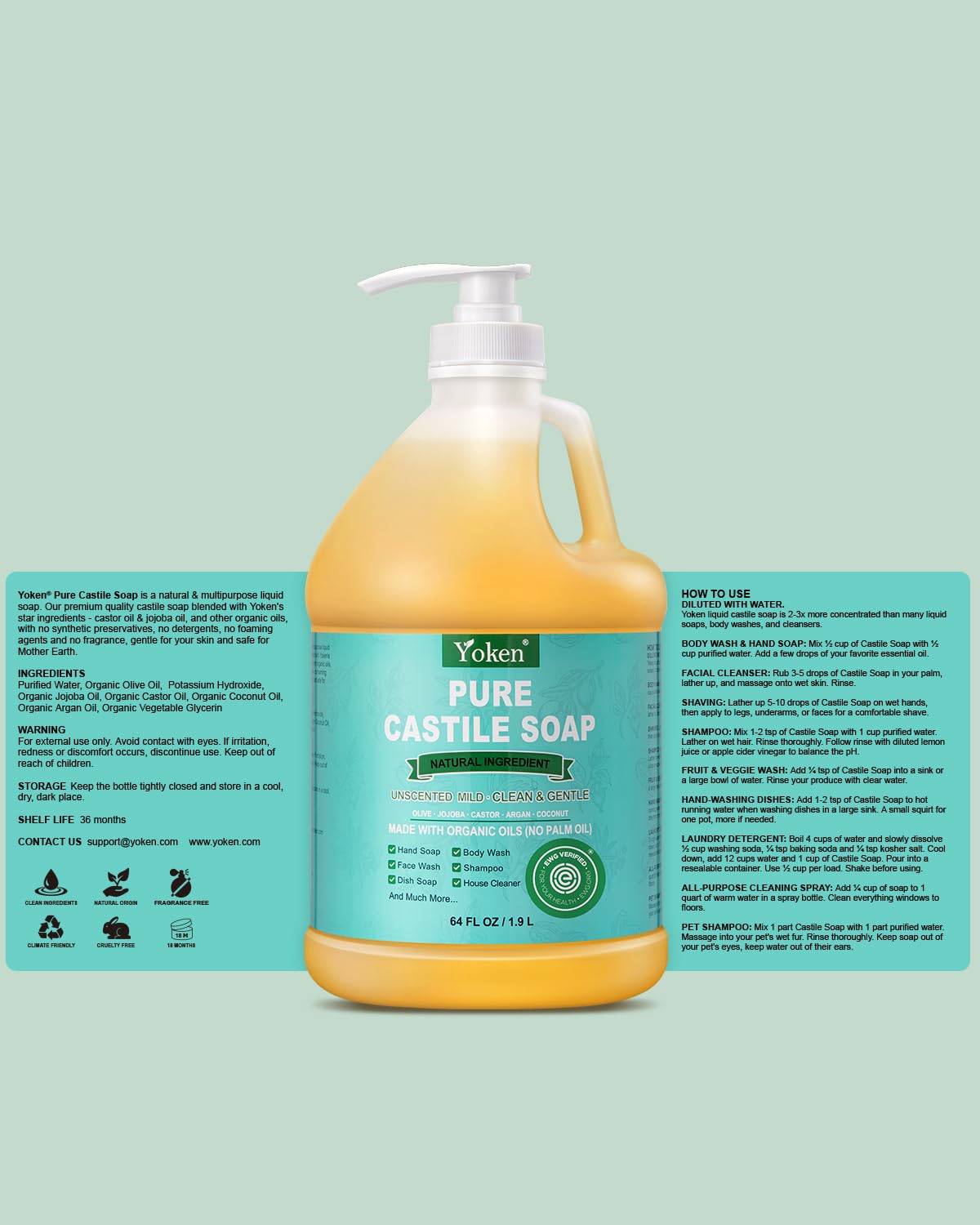 Yoken Organic Castile Soap Liquid - EWG Verified Unscented 64 oz | Gentle, Natural Clean for Body, Face, Dishes & Laundry
