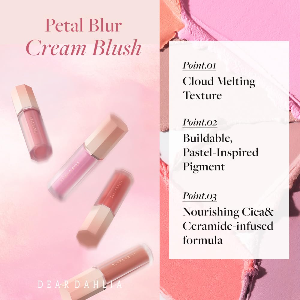 DEAR DAHLIA Petal Blur Cream Blush (Mellow) - Soft-Blur Vegan Blush with Lightweight, Cloud Melting Texture, High-Pigment, Long-Lasting, Buildable, Cream to Powder Finish. Sensitive Skin Friendly. 4g
