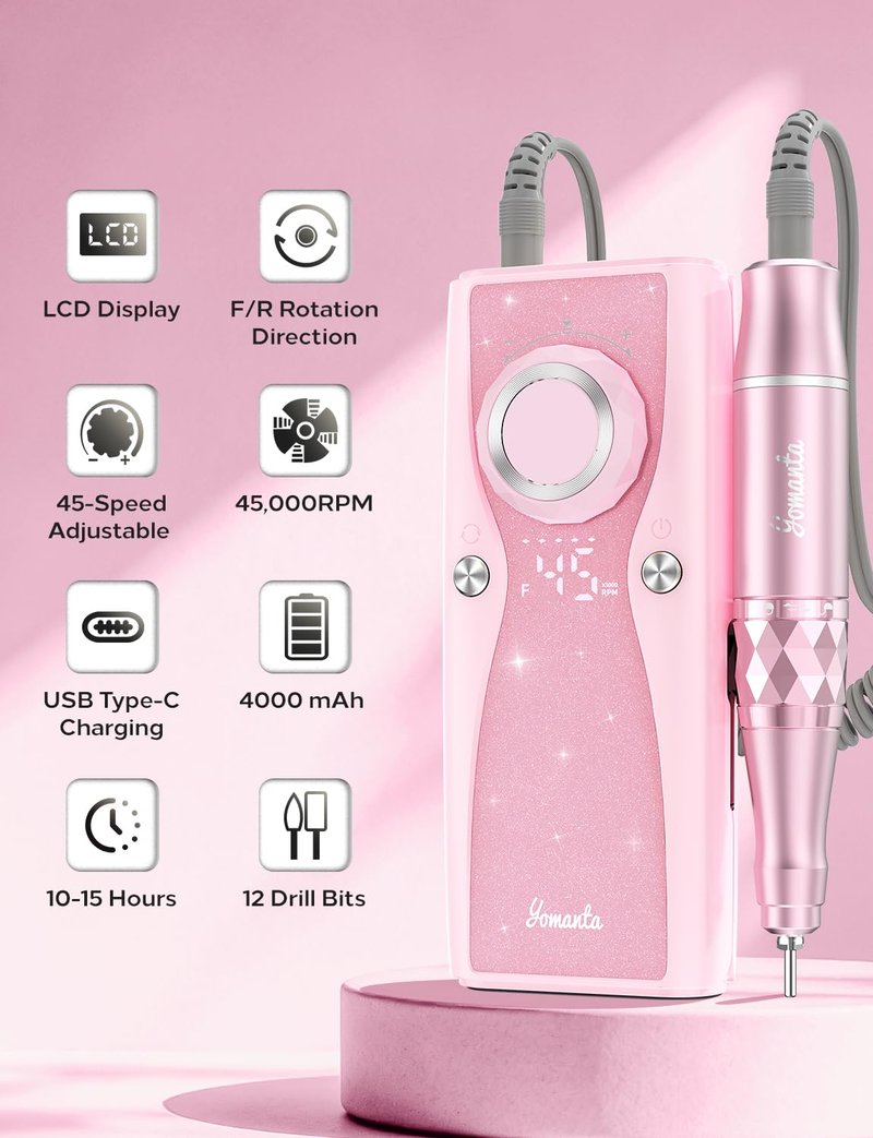 Electric Nail Drill Professional Kit: 45,000 RPM USB Rechargeable Efile Nail Drill Nail File with 12 Bits for Polishing Gel/Acrylic Nails- Portable Manicure Tool Set for Salon/Home-Pink