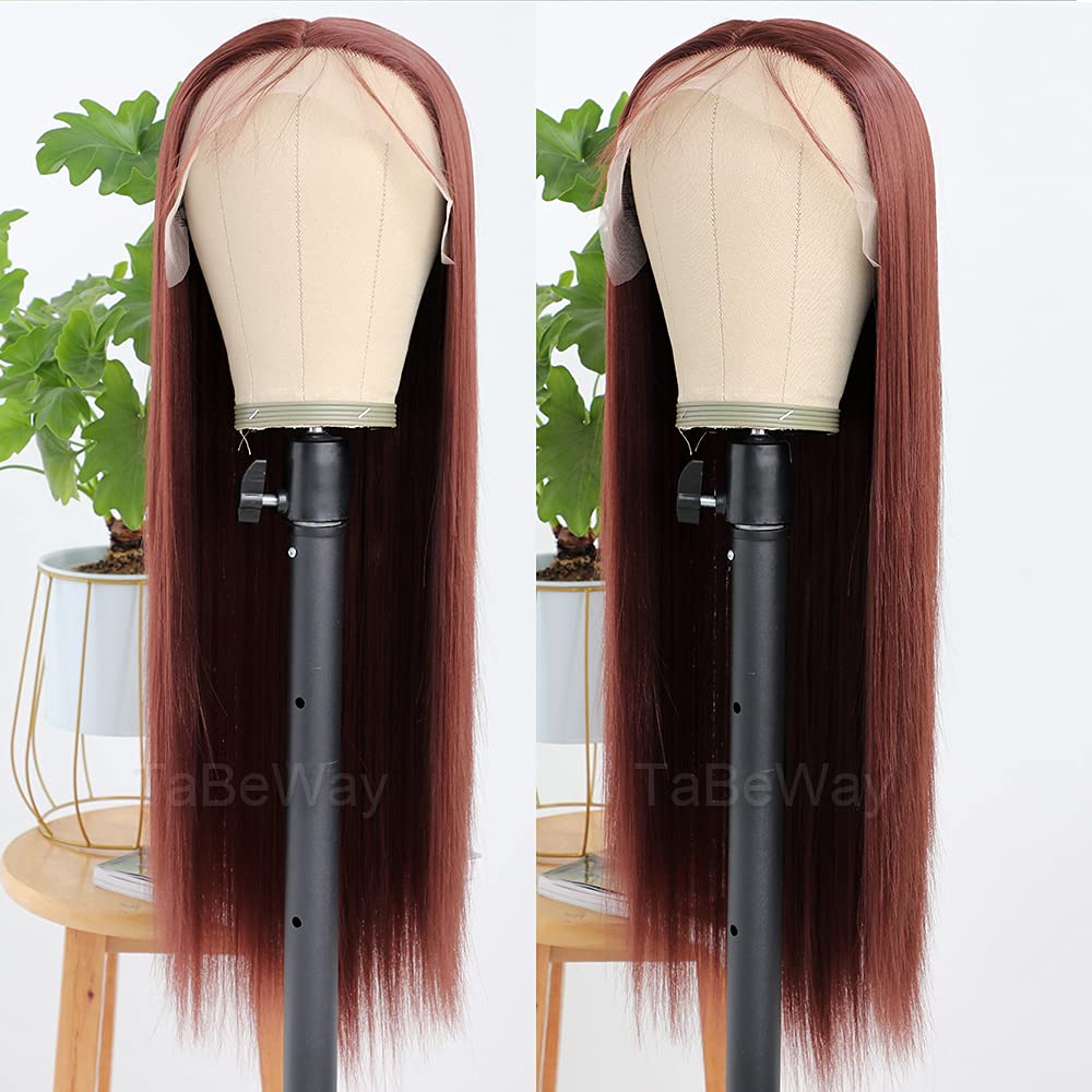 Glueless Synthetic Lace Front Wig - Long Straight Reddish Brown | Heat Resistant Hair Replacement for Women