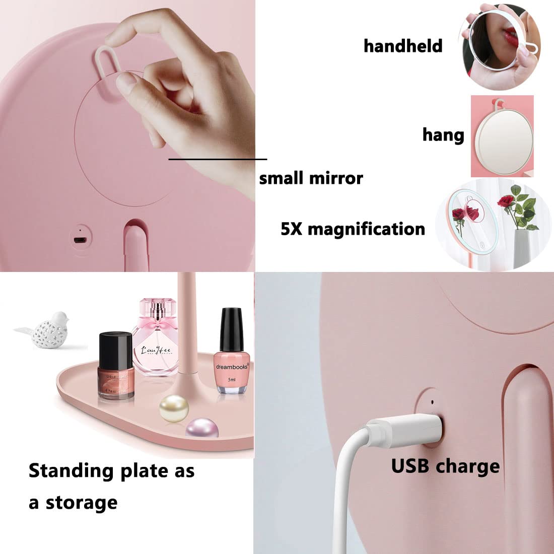 CigyYogy Travel Makeup Desk Mirror with Lights with a 5X Magnified Small Compact Mirror Handheld Pocket Purse Portable - Oblong Base - Pink - Ideal Gift for Women Girls Lady Men - Pack of 2