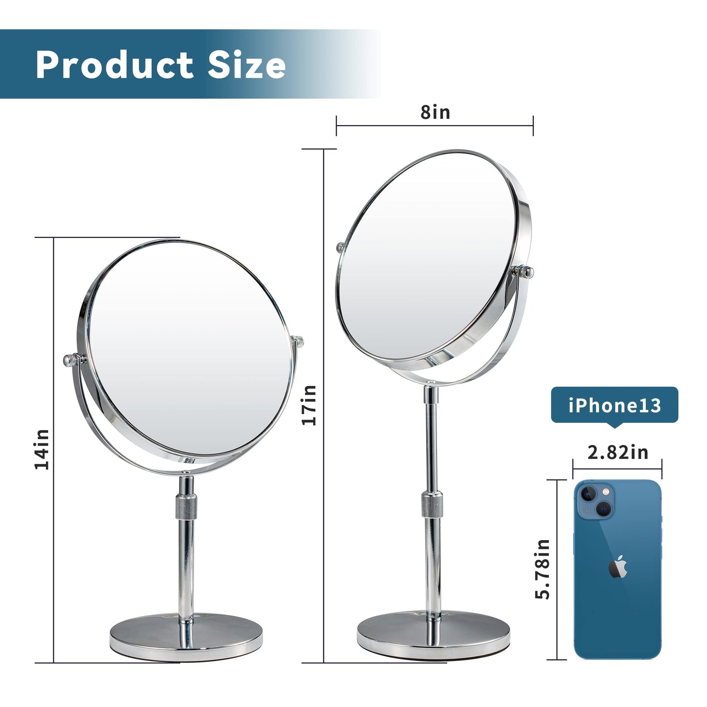 17" Tall Tabletop Magnifying Makeup Mirror Height Adjustable Vanity Mirror 1X/10X Magnification, 8" Large Double-Sided 360° Swivel Classic Round Desktop Make Up Mirror for Bathroom & Bedroom, No Light