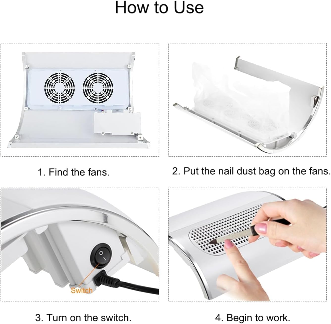 Nail Dust Collector - 80W Adjustable Electric Vacuum for Acrylic Nails | Includes 2 Powerful Fans & Dust Bags (White)