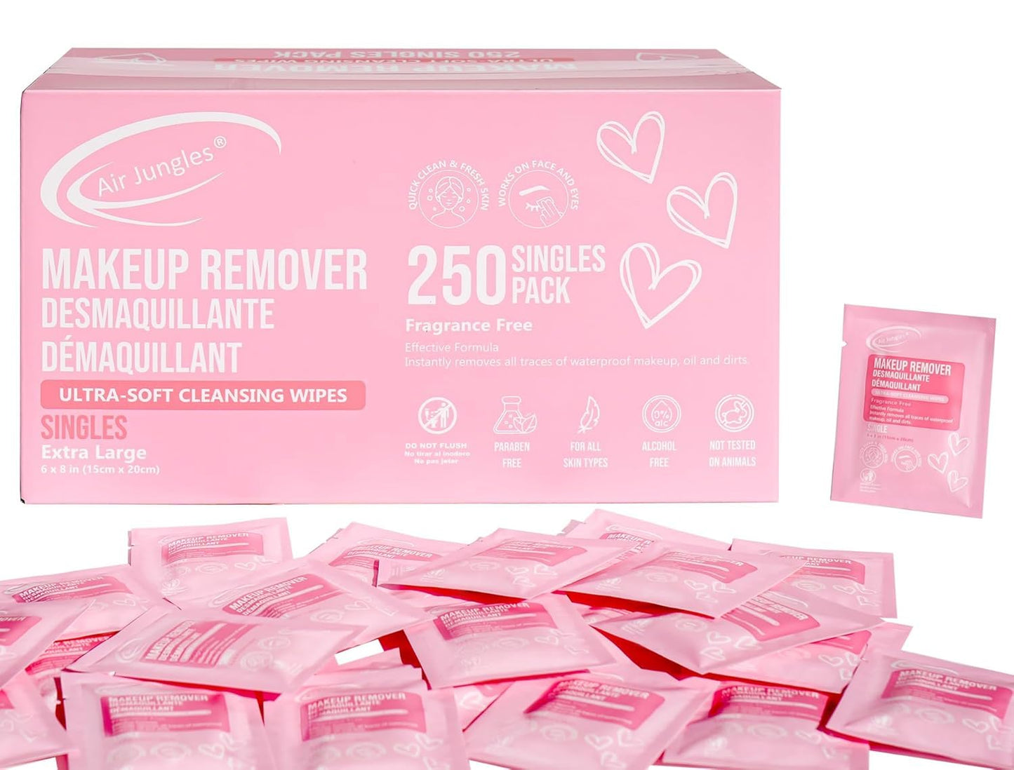 Air Jungles Bulk Makeup Remover Wipes 250 Ct, Individually Wrapped