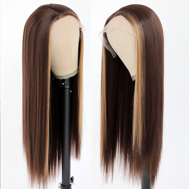 QD-Tizer Brown Hair Color Lace Front Wig Long Straight Hair Wigs Honey Blonde Face Framing Highlights Heat Resistant Synthetic Lace Front Wigs for Fashion Women