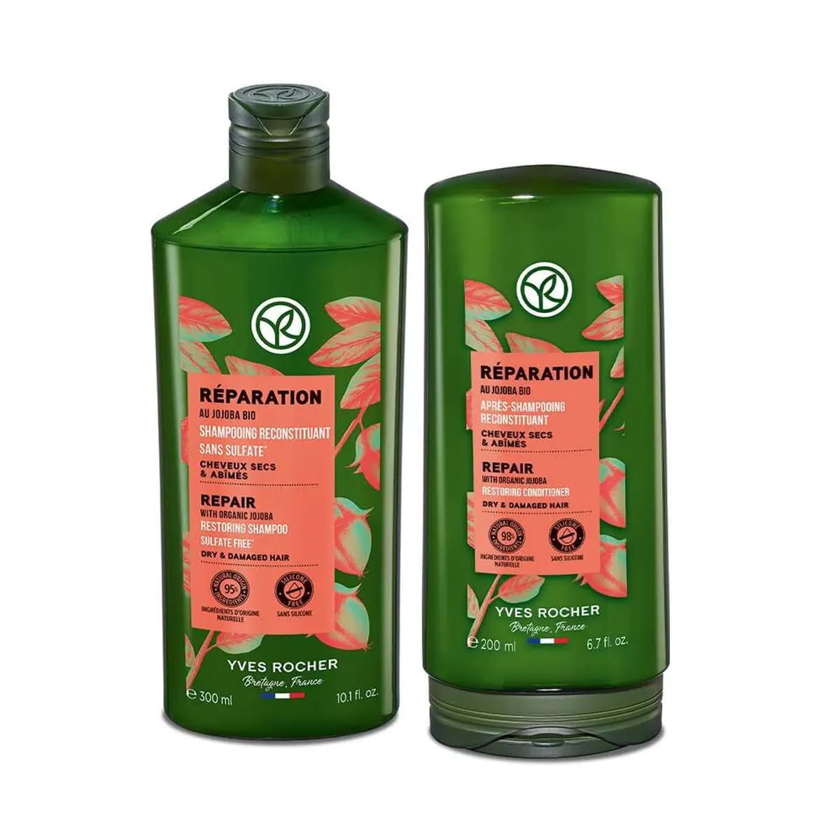 Yves Rocher Repair Shampoo & Conditioner Set, Jojoba Oil Enriched, Nourishing Restoring Duo for Dry, Damaged, Brittle Hair, Silicone-Free Gentle Care, 300ml Shampoo + 200ml Conditioner