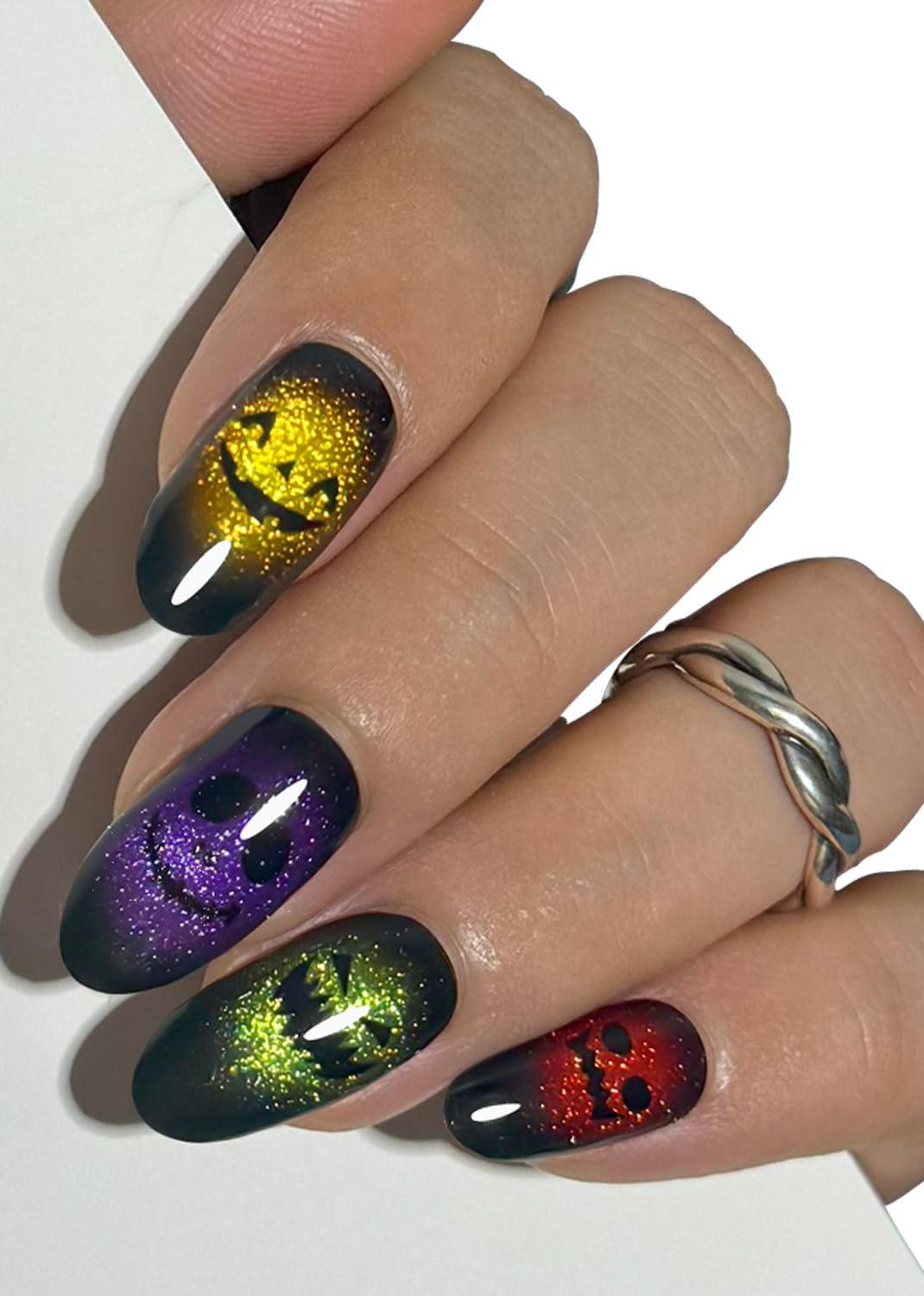 Semi Cured Gel Nail Strips, Cat Eye, Ghost Face 20pcs Adhesive UV Sticker, Wraps for Home Manicure DIY
