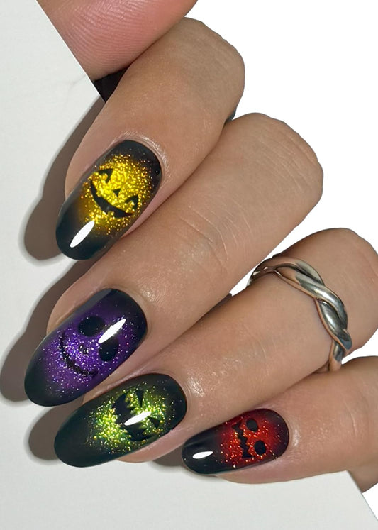 Semi Cured Gel Nail Strips, Cat Eye, Ghost Face 20pcs Adhesive UV Sticker, Wraps for Home Manicure DIY