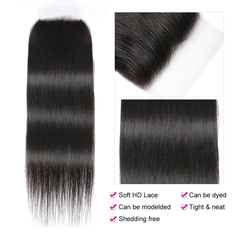 Human Hair Lace Closure - 5x5 Straight HD Transparent Lace | Pre-Plucked with Baby Hair, 12 Inch, Natural Black