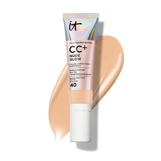 IT Cosmetics CC+ Nude Glow (Medium) - Medium Coverage Foundation with SPF 40 & Brightening Glow Serum, Lightweight Skin Tint, 2% Niacinamide + Hyaluronic Acid, Up to 24H Hydration - 1.08 fl oz