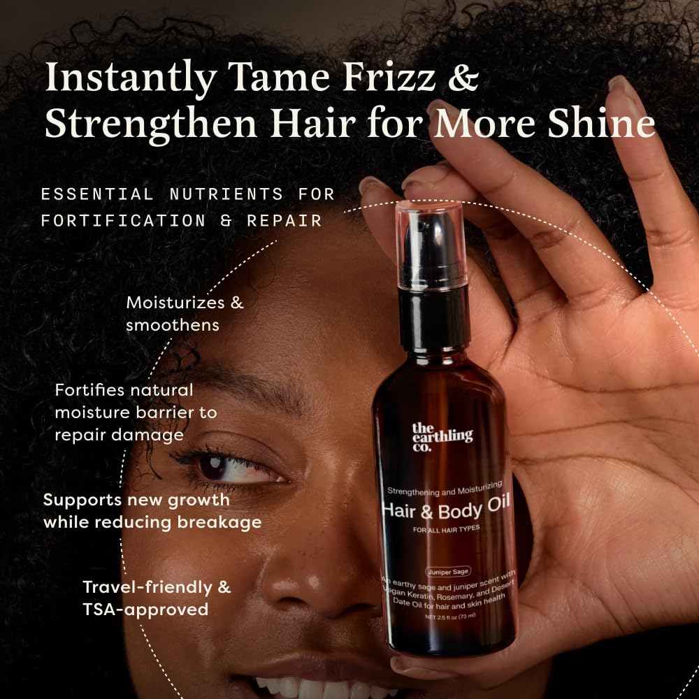 The Earthling Co. Hair & Body Oil - Promote Hair Growth, Strengthen & Moisturize All Hair Types - Helps Frizz & Damage with Natural Rosemary & Vegan Keratin For Dry Hair & Scalp (2.5 oz, Juniper Sage)