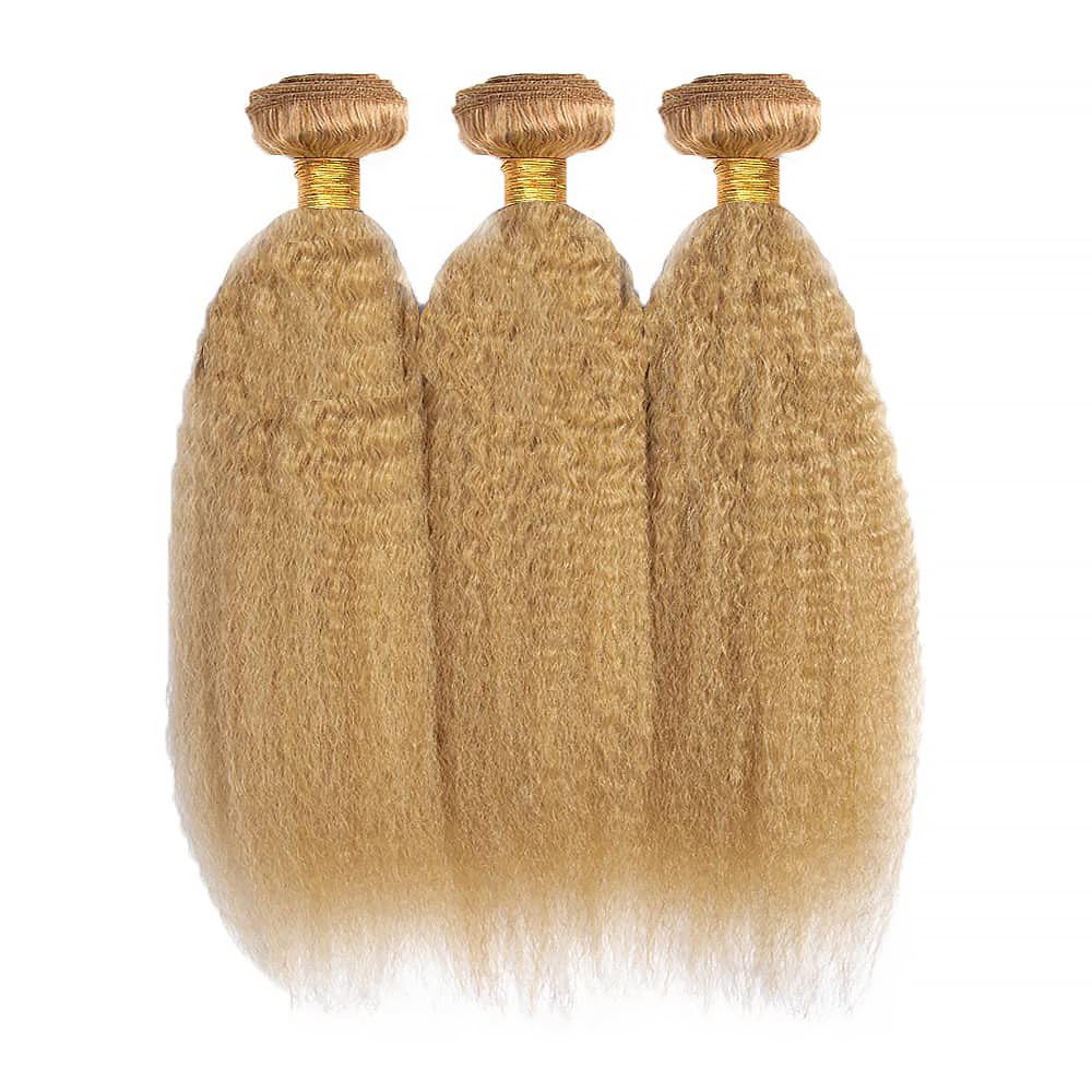 Honey Blonde Human Hair Bundles 14 16 18 Inch Yaki Straight Wave Bundles Human Hair Unprocessed Native Virgin Hair 100/PC 3 Extensions #27 Blonde Color Wet and Wavy Human Hair Extensions for Women