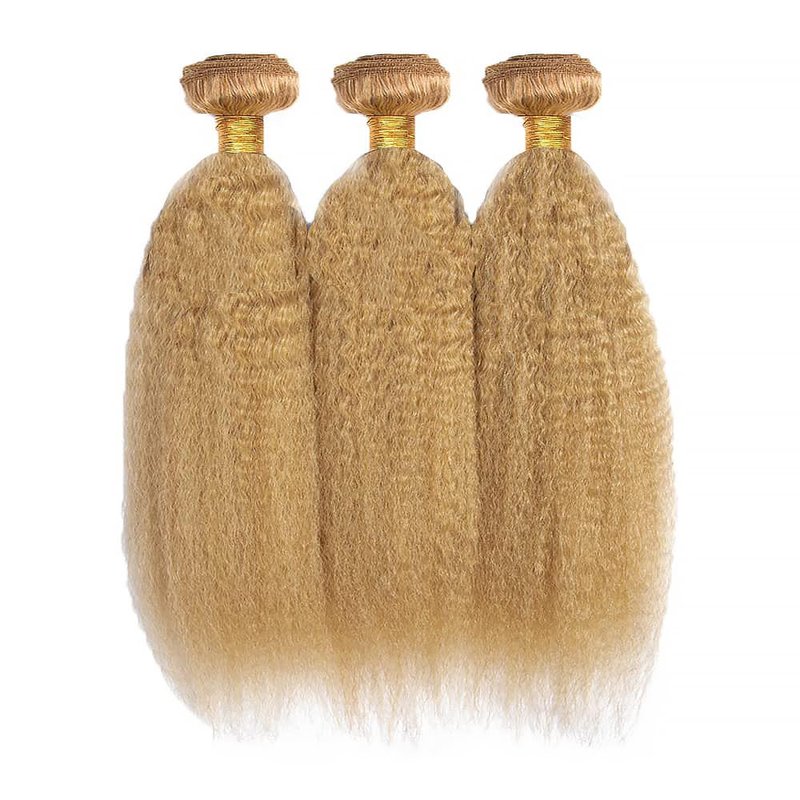 Honey Blonde Human Hair Bundles 14 16 18 Inch Yaki Straight Wave Bundles Human Hair Unprocessed Native Virgin Hair 100/PC 3 Extensions #27 Blonde Color Wet and Wavy Human Hair Extensions for Women