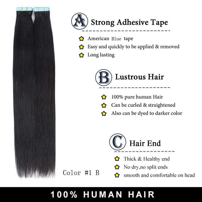 Amella Hair Tape in Human Hair Extensions 16 inches 20pcs 50g Silky Straight Seamless Skin Weft Remy Tape Hair Extensions Off Black Tape in Hair Extensions